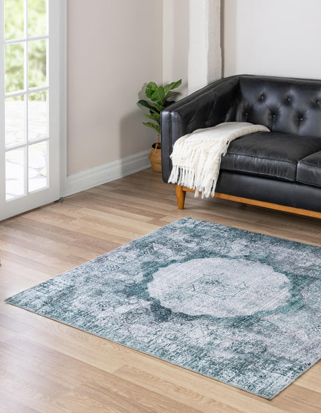 Washable Teal Ivory 7' 10 x 7' 10 Yara Square Area Rug Easy to Clean Stain Resistant & Durable Polyester & Chenille Carpet for Sale at Rug Engine