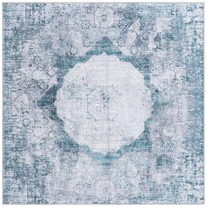 Washable Teal Ivory 5' x 5' Yara Square Area Rug Easy to Clean Stain Resistant & Durable Polyester & Chenille Carpet for Sale at Rug Engine