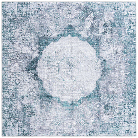 Washable Teal Ivory 5' x 5' Yara Square Area Rug Easy to Clean Stain Resistant & Durable Polyester & Chenille Carpet for Sale at Rug Engine