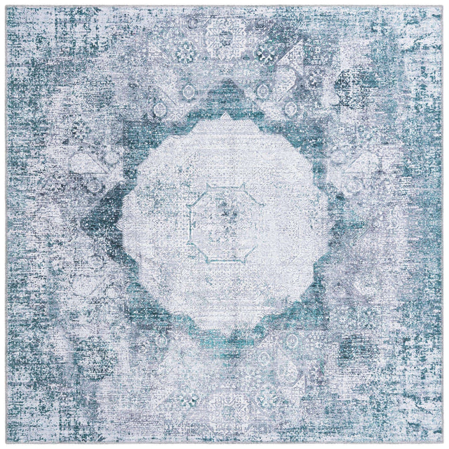 Washable Teal Ivory 5' x 5' Yara Square Area Rug Easy to Clean Stain Resistant & Durable Polyester & Chenille Carpet for Sale at Rug Engine