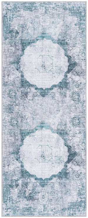 Washable Teal Ivory 2' x 5' Yara Runner Area Rug Easy to Clean Stain Resistant & Durable Polyester & Chenille Carpet for Sale at Rug Engine