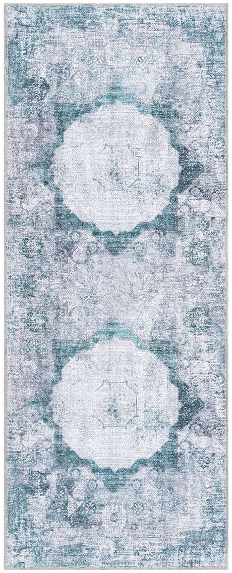 Washable Teal Ivory 2' x 5' Yara Runner Area Rug Easy to Clean Stain Resistant & Durable Polyester & Chenille Carpet for Sale at Rug Engine