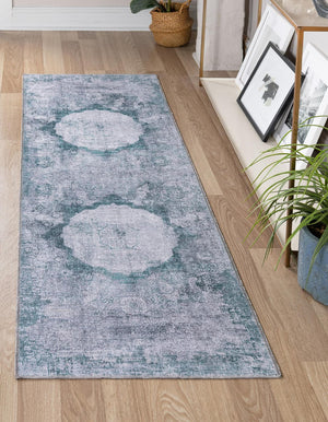 Washable Teal Ivory 2' x 6' Yara Runner Area Rug Easy to Clean Stain Resistant & Durable Polyester & Chenille Carpet for Sale at Rug Engine