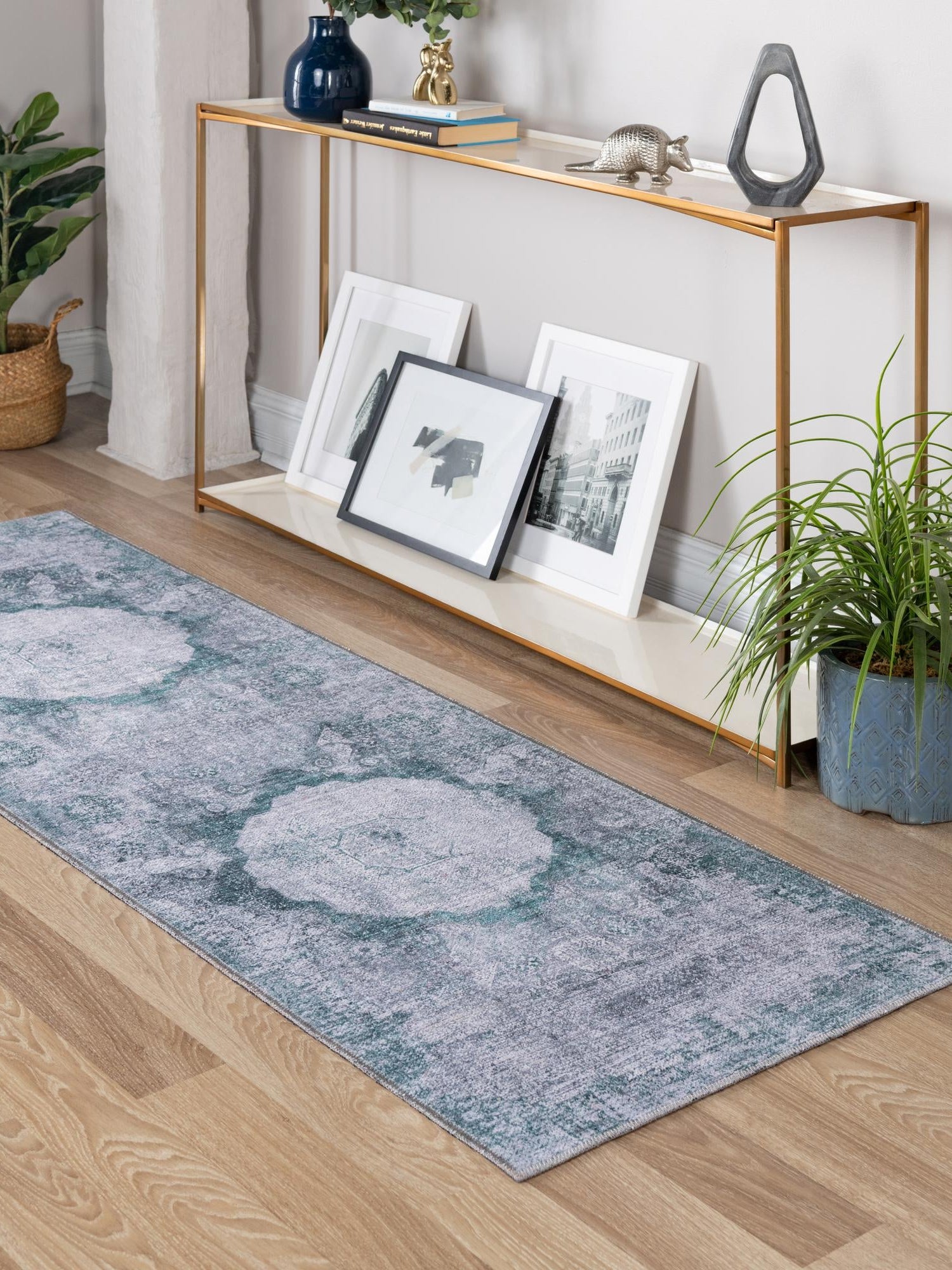 Washable Teal Ivory 2' 7 x 10' Yara Runner Area Rug Easy to Clean Stain Resistant & Durable Polyester & Chenille Carpet for Sale at Rug Engine
