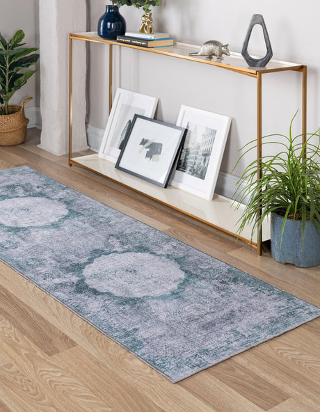 Washable Teal Ivory 2' 7 x 10' Yara Runner Area Rug Easy to Clean Stain Resistant & Durable Polyester & Chenille Carpet for Sale at Rug Engine