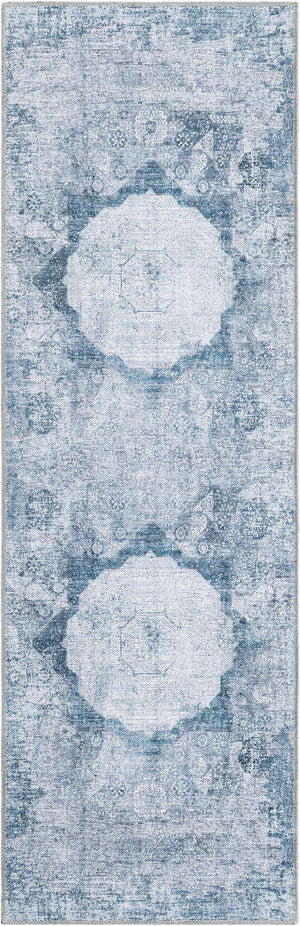 Washable Teal Ivory 2' x 6' Yara Runner Area Rug Easy to Clean Stain Resistant & Durable Polyester & Chenille Carpet for Sale at Rug Engine