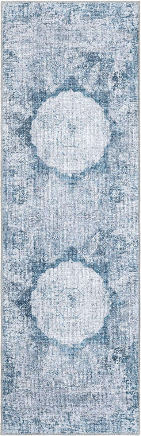 Washable Teal Ivory 2' x 6' Yara Runner Area Rug Easy to Clean Stain Resistant & Durable Polyester & Chenille Carpet for Sale at Rug Engine