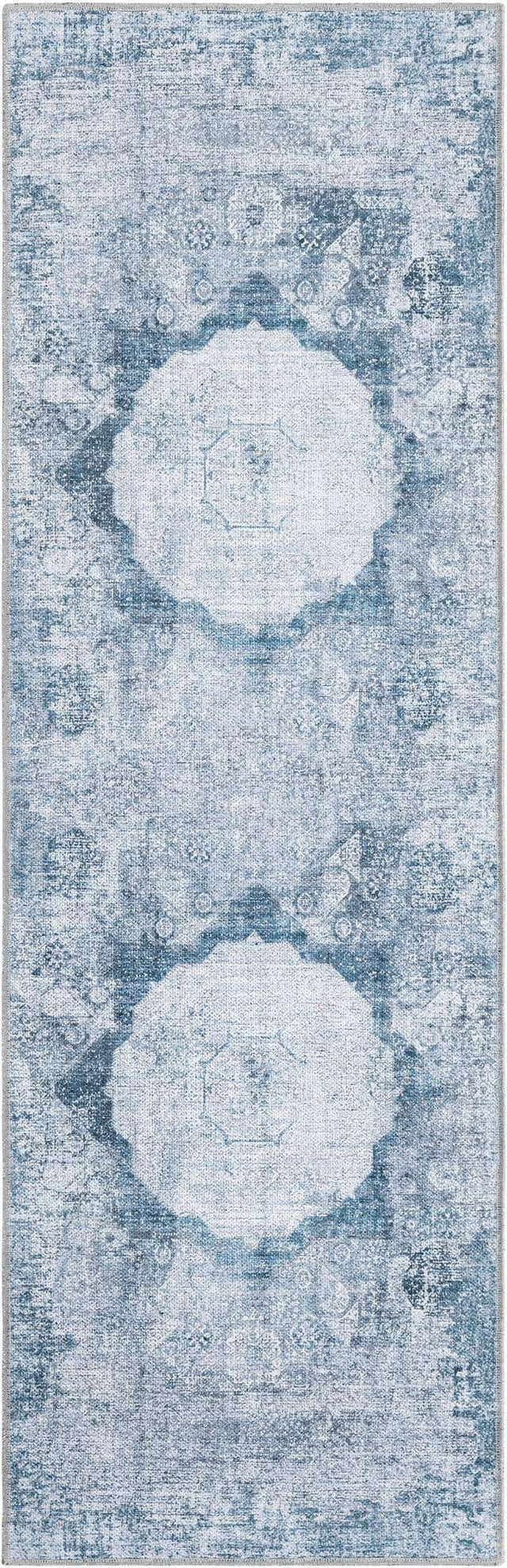 Washable Teal Ivory 2' x 6' Yara Runner Area Rug Easy to Clean Stain Resistant & Durable Polyester & Chenille Carpet for Sale at Rug Engine