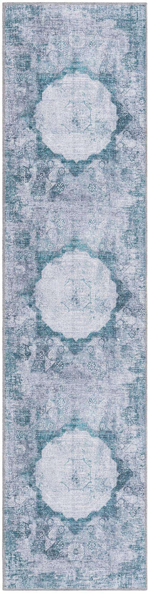 Washable Teal Ivory 2' x 8' Yara Runner Area Rug Easy to Clean Stain Resistant & Durable Polyester & Chenille Carpet for Sale at Rug Engine