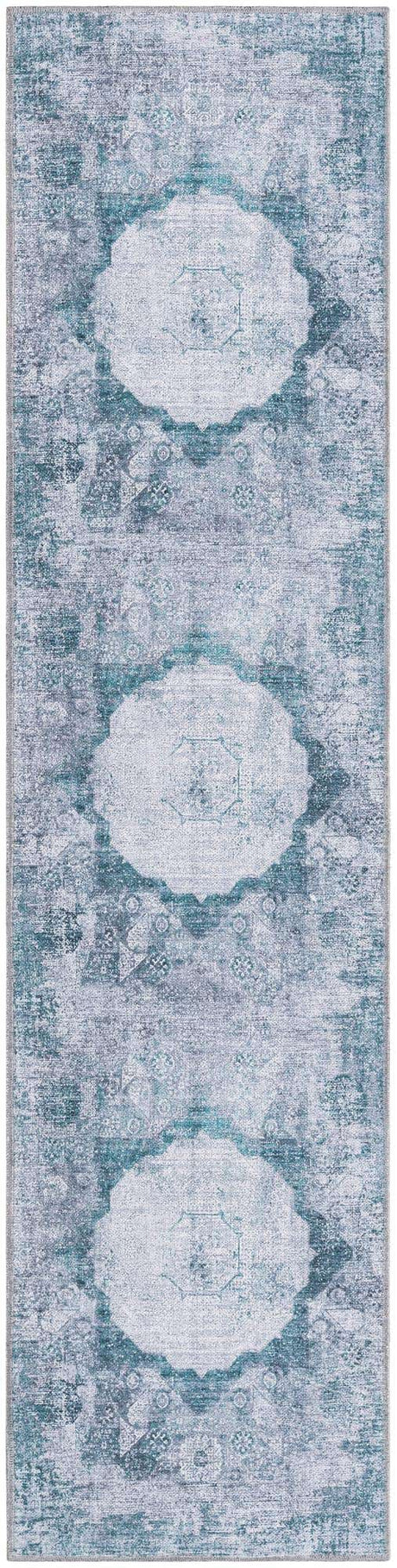 Washable Teal Ivory 2' x 8' Yara Runner Area Rug Easy to Clean Stain Resistant & Durable Polyester & Chenille Carpet for Sale at Rug Engine