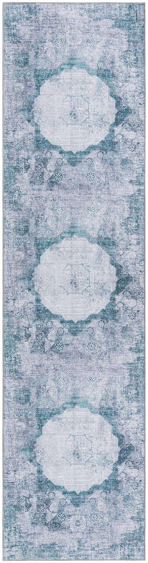 Washable Teal Ivory 2' 7 x 10' Yara Runner Area Rug Easy to Clean Stain Resistant & Durable Polyester & Chenille Carpet for Sale at Rug Engine