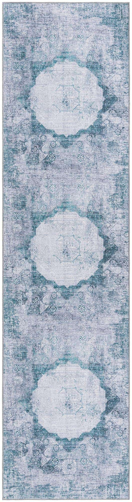 Washable Teal Ivory 2' 7 x 10' Yara Runner Area Rug Easy to Clean Stain Resistant & Durable Polyester & Chenille Carpet for Sale at Rug Engine