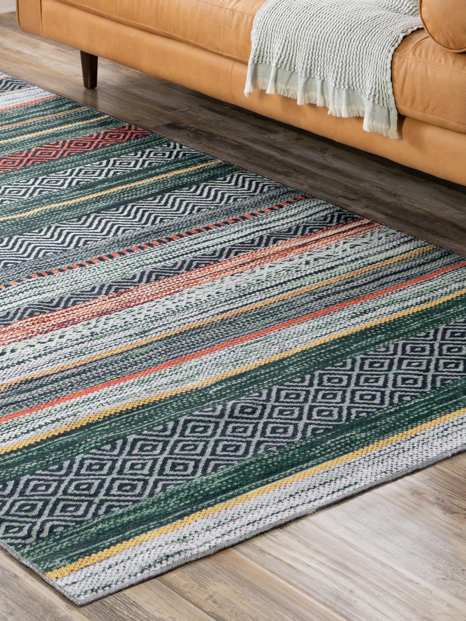 Washable Green 5' x 8' Yara Rectangle Area Rug Easy to Clean Stain Resistant & Durable Polyester & Chenille Carpet for Sale at Rug Engine