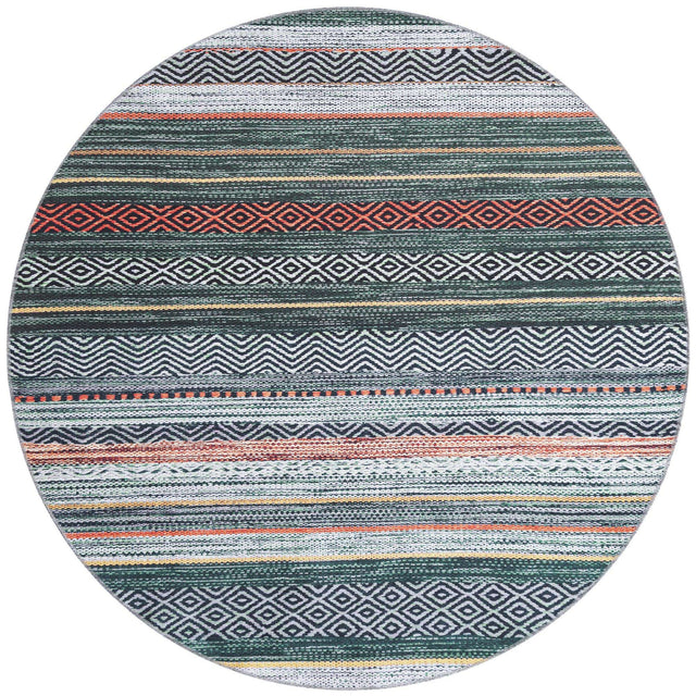 Washable Green 6' x 6' Yara Round Area Rug Easy to Clean Stain Resistant & Durable Polyester & Chenille Carpet for Sale at Rug Engine