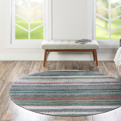 Washable Green 4' x 4' Yara Round Area Rug Easy to Clean Stain Resistant & Durable Polyester & Chenille Carpet for Sale at Rug Engine