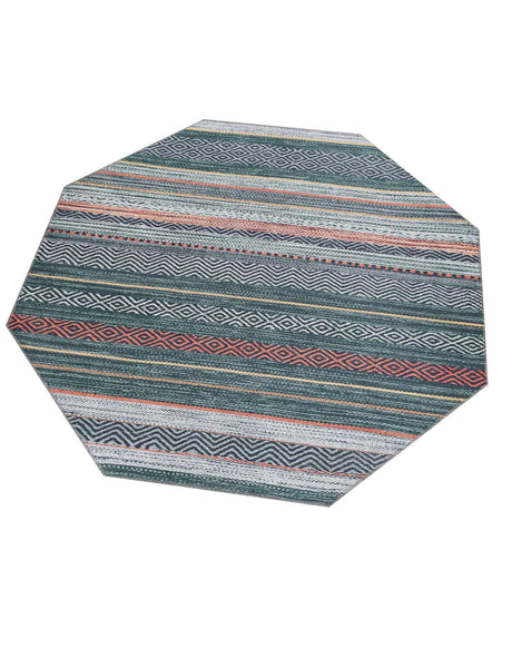 Washable Green 5' x 5' Yara Octagon Area Rug Easy to Clean Stain Resistant & Durable Polyester & Chenille Carpet for Sale at Rug Engine