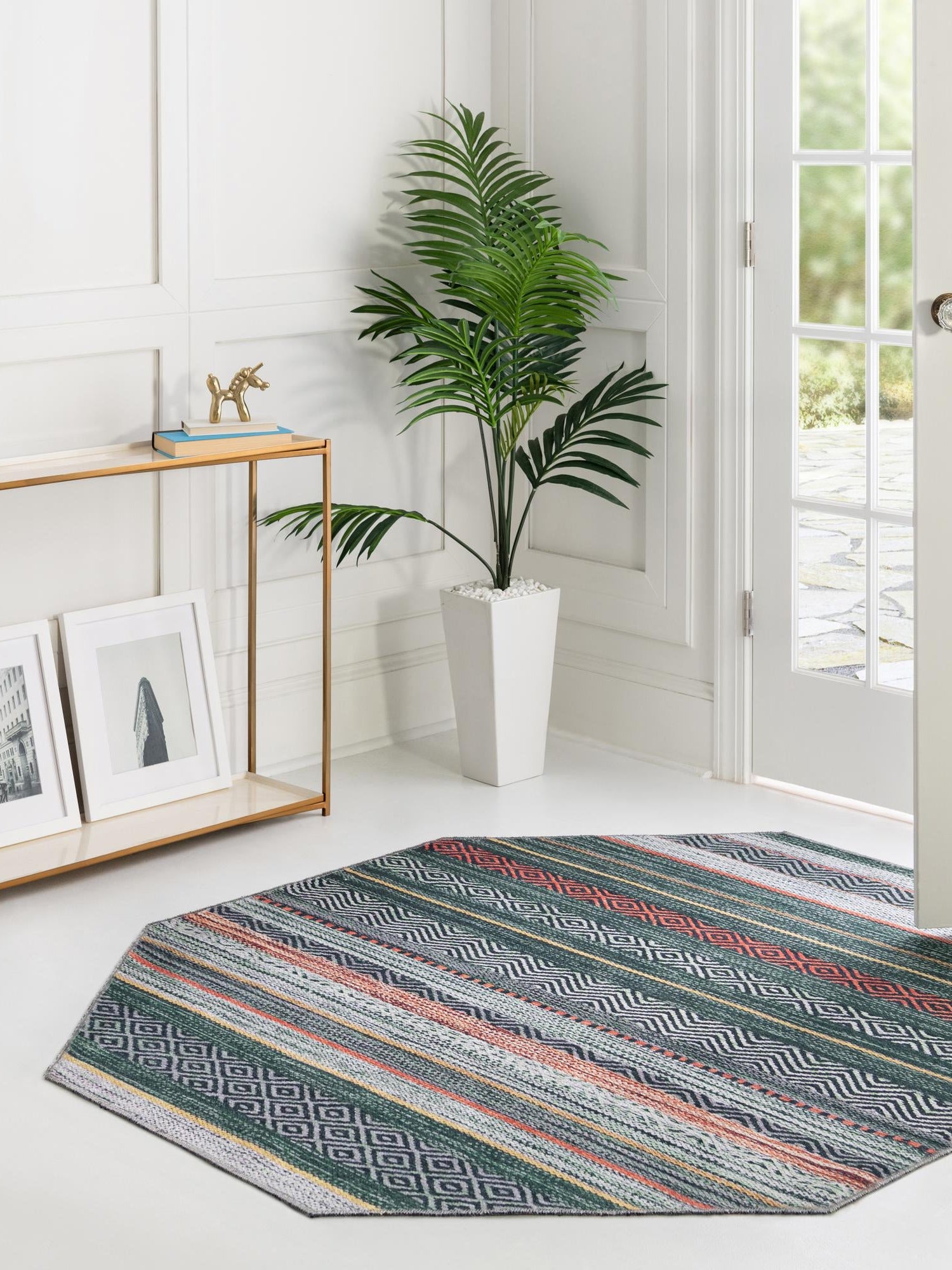 Washable Green 7' 10 x 7' 10 Yara Octagon Area Rug Easy to Clean Stain Resistant & Durable Polyester & Chenille Carpet for Sale at Rug Engine