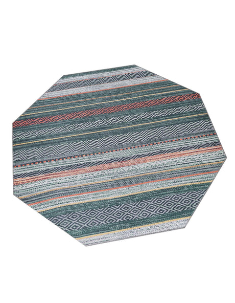 Washable Green 5' x 5' Yara Octagon Area Rug Easy to Clean Stain Resistant & Durable Polyester & Chenille Carpet for Sale at Rug Engine