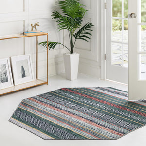 Washable Green 5' x 5' Yara Octagon Area Rug Easy to Clean Stain Resistant & Durable Polyester & Chenille Carpet for Sale at Rug Engine