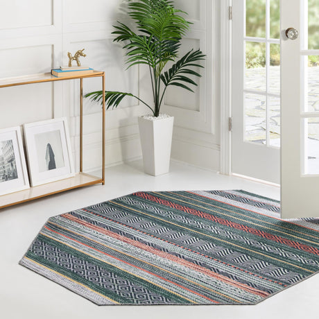 Washable Green 5' x 5' Yara Octagon Area Rug Easy to Clean Stain Resistant & Durable Polyester & Chenille Carpet for Sale at Rug Engine