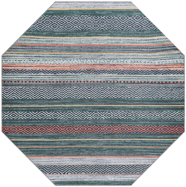 Washable Green 5' x 5' Yara Octagon Area Rug Easy to Clean Stain Resistant & Durable Polyester & Chenille Carpet for Sale at Rug Engine
