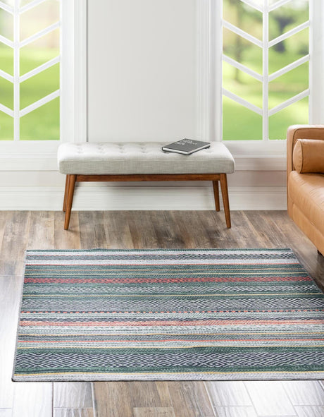 Washable Green 5' x 5' Yara Square Area Rug Easy to Clean Stain Resistant & Durable Polyester & Chenille Carpet for Sale at Rug Engine