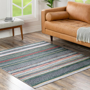 Washable Green 7' 10 x 7' 10 Yara Square Area Rug Easy to Clean Stain Resistant & Durable Polyester & Chenille Carpet for Sale at Rug Engine