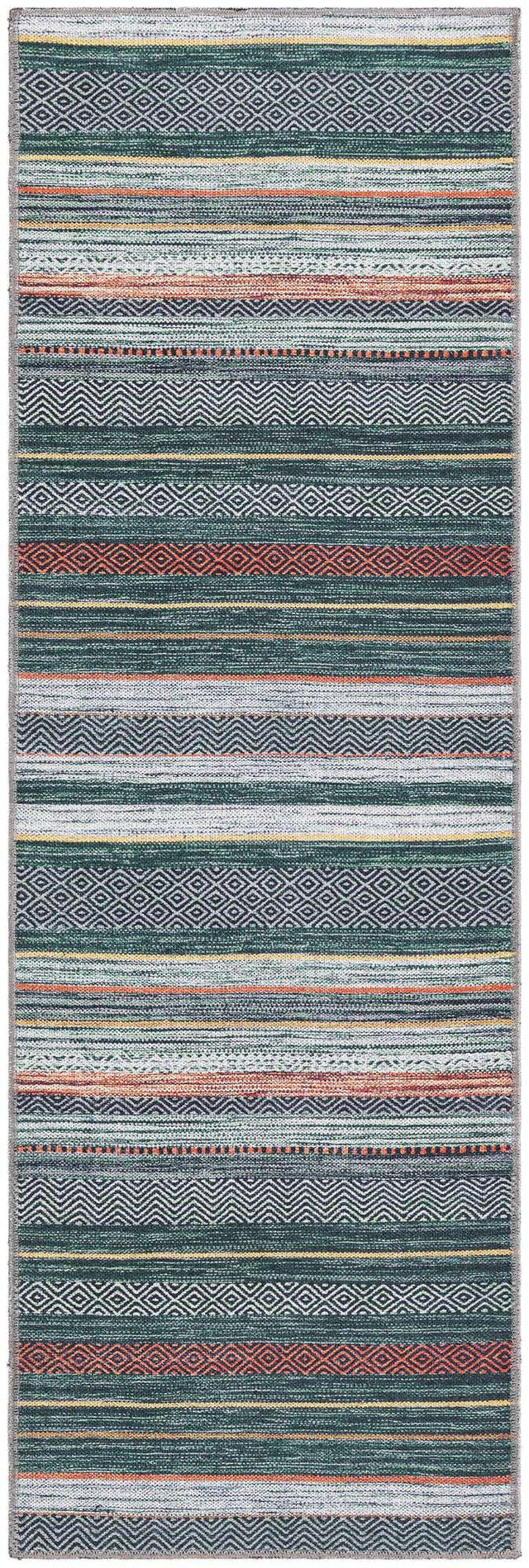 Washable Green 2' x 6' Yara Runner Area Rug Easy to Clean Stain Resistant & Durable Polyester & Chenille Carpet for Sale at Rug Engine