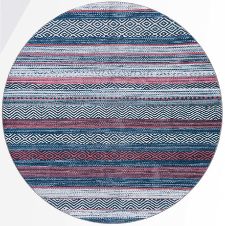 Washable Navy Blue 7' 10 x 7' 10 Yara Round Area Rug Easy to Clean Stain Resistant & Durable Polyester & Chenille Carpet for Sale at Rug Engine