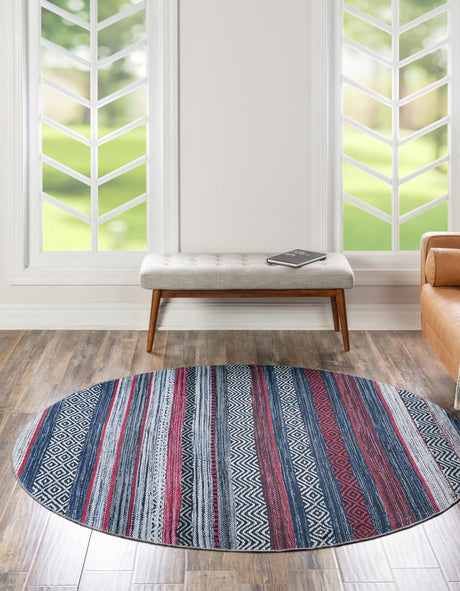 Washable Navy Blue 6' x 6' Yara Round Area Rug Easy to Clean Stain Resistant & Durable Polyester & Chenille Carpet for Sale at Rug Engine