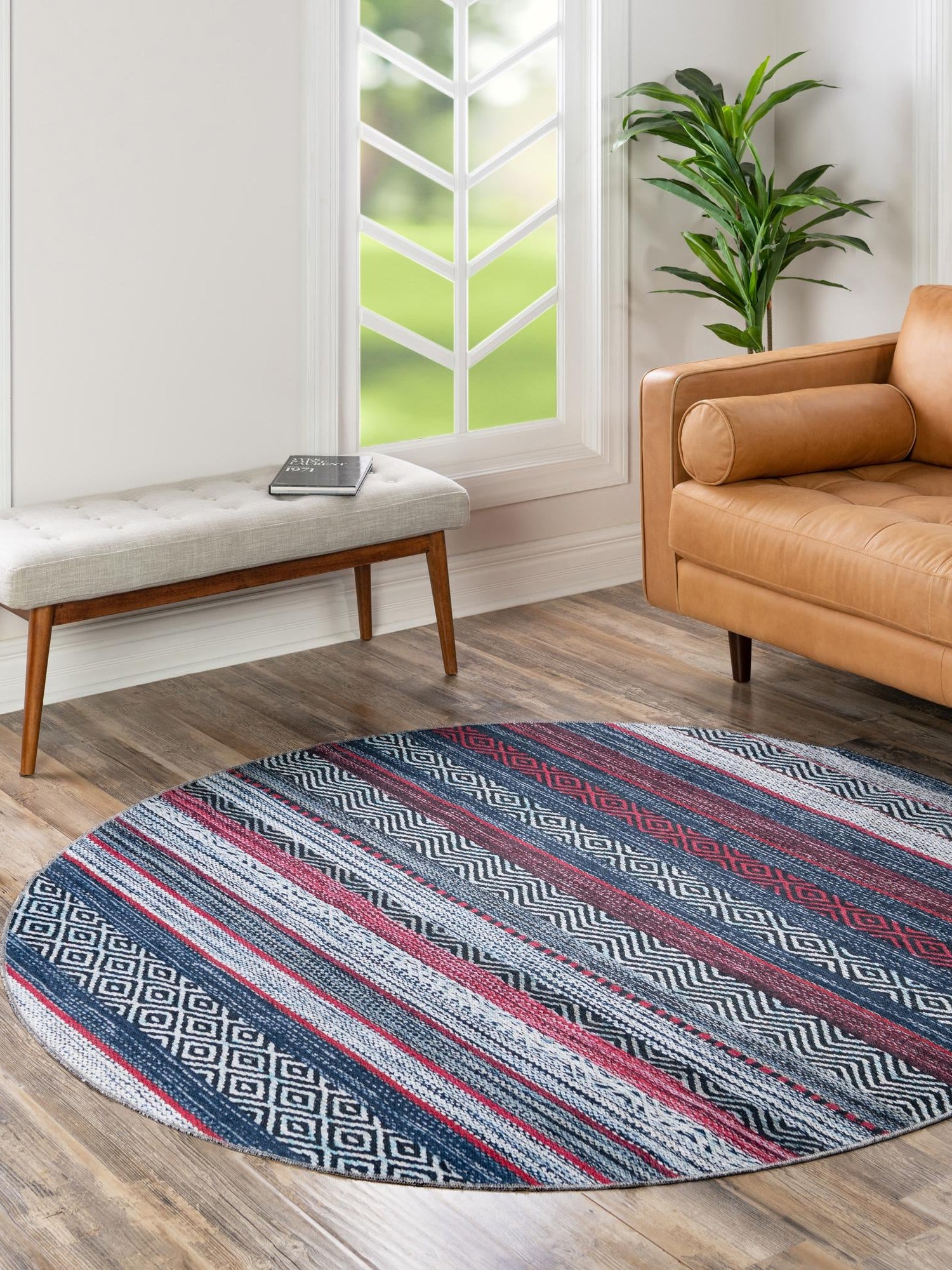 Washable Navy Blue 4' x 4' Yara Round Area Rug Easy to Clean Stain Resistant & Durable Polyester & Chenille Carpet for Sale at Rug Engine