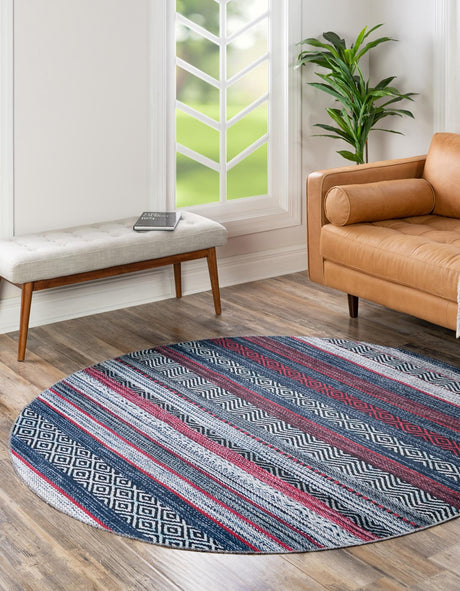 Washable Navy Blue 4' x 4' Yara Round Area Rug Easy to Clean Stain Resistant & Durable Polyester & Chenille Carpet for Sale at Rug Engine