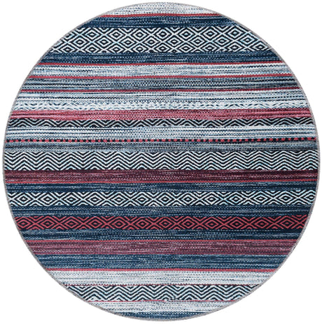 Washable Navy Blue 4' x 4' Yara Round Area Rug Easy to Clean Stain Resistant & Durable Polyester & Chenille Carpet for Sale at Rug Engine
