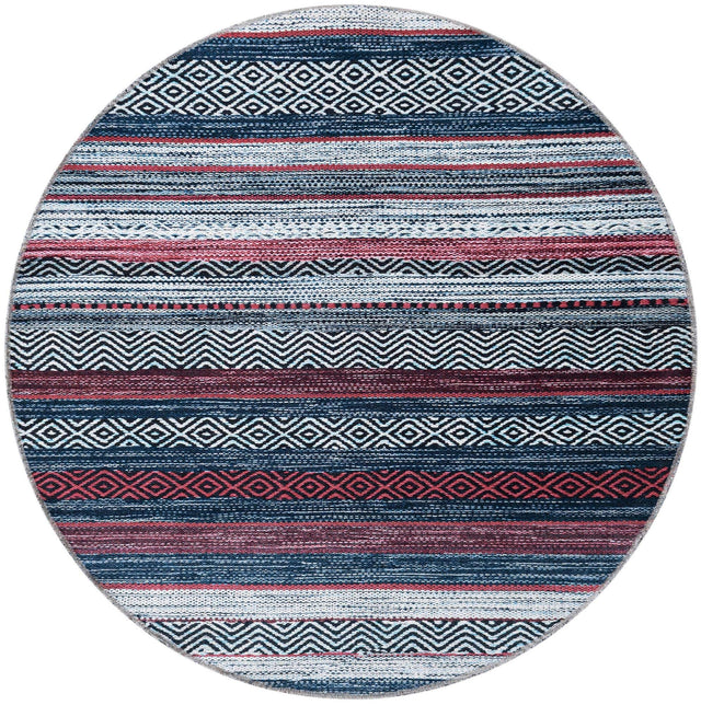 Washable Navy Blue 4' x 4' Yara Round Area Rug Easy to Clean Stain Resistant & Durable Polyester & Chenille Carpet for Sale at Rug Engine