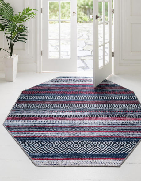 Washable Navy Blue 5' x 5' Yara Octagon Area Rug Easy to Clean Stain Resistant & Durable Polyester & Chenille Carpet for Sale at Rug Engine