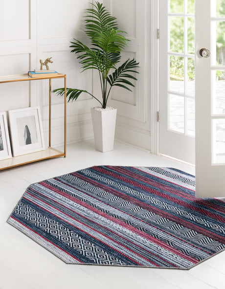Washable Navy Blue 5' x 5' Yara Octagon Area Rug Easy to Clean Stain Resistant & Durable Polyester & Chenille Carpet for Sale at Rug Engine