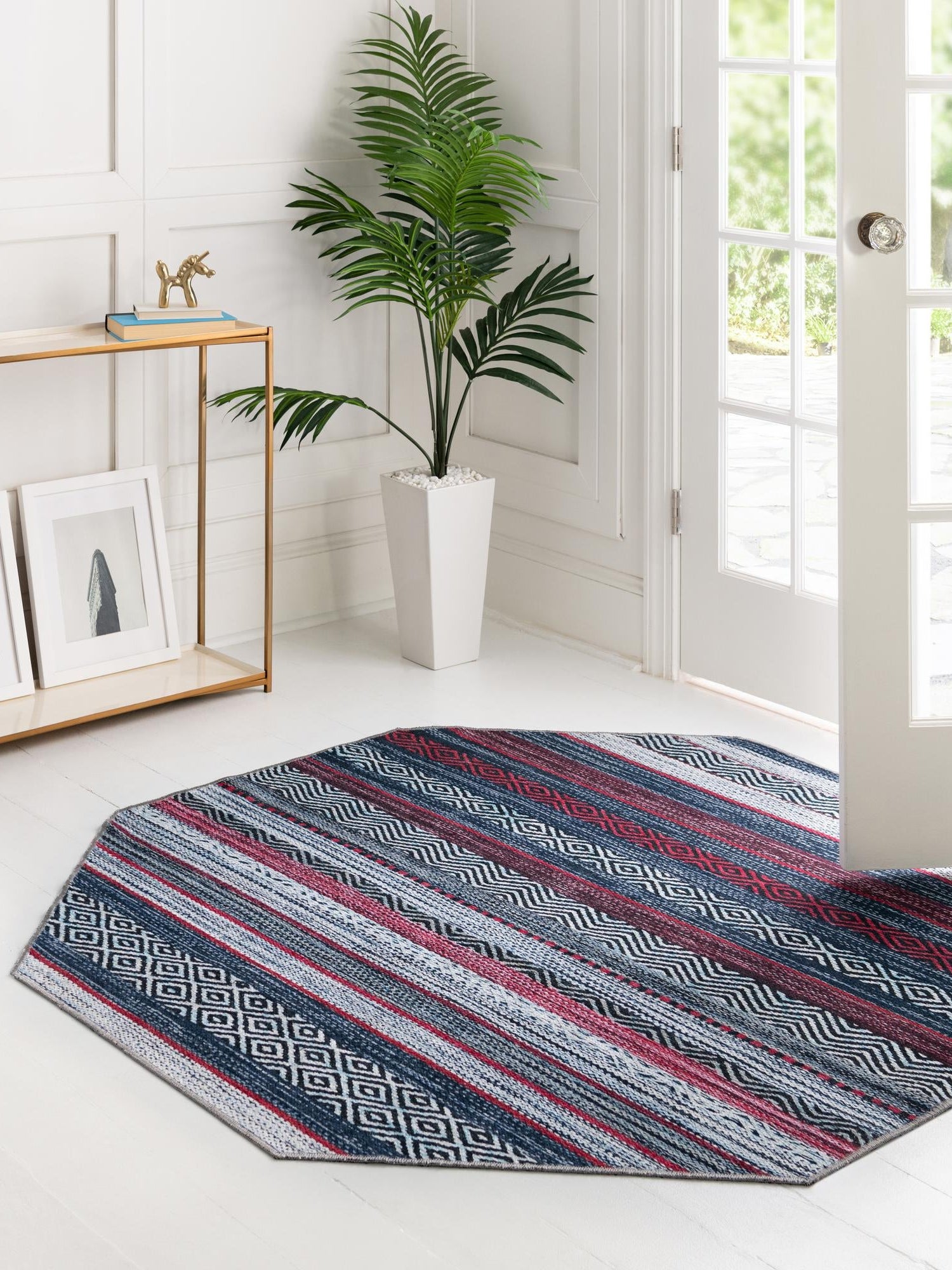 Washable Navy Blue 7' 10 x 7' 10 Yara Octagon Area Rug Easy to Clean Stain Resistant & Durable Polyester & Chenille Carpet for Sale at Rug Engine