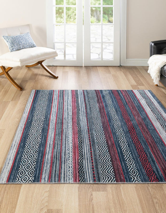 Washable Navy Blue 5' x 5' Yara Square Area Rug Easy to Clean Stain Resistant & Durable Polyester & Chenille Carpet for Sale at Rug Engine