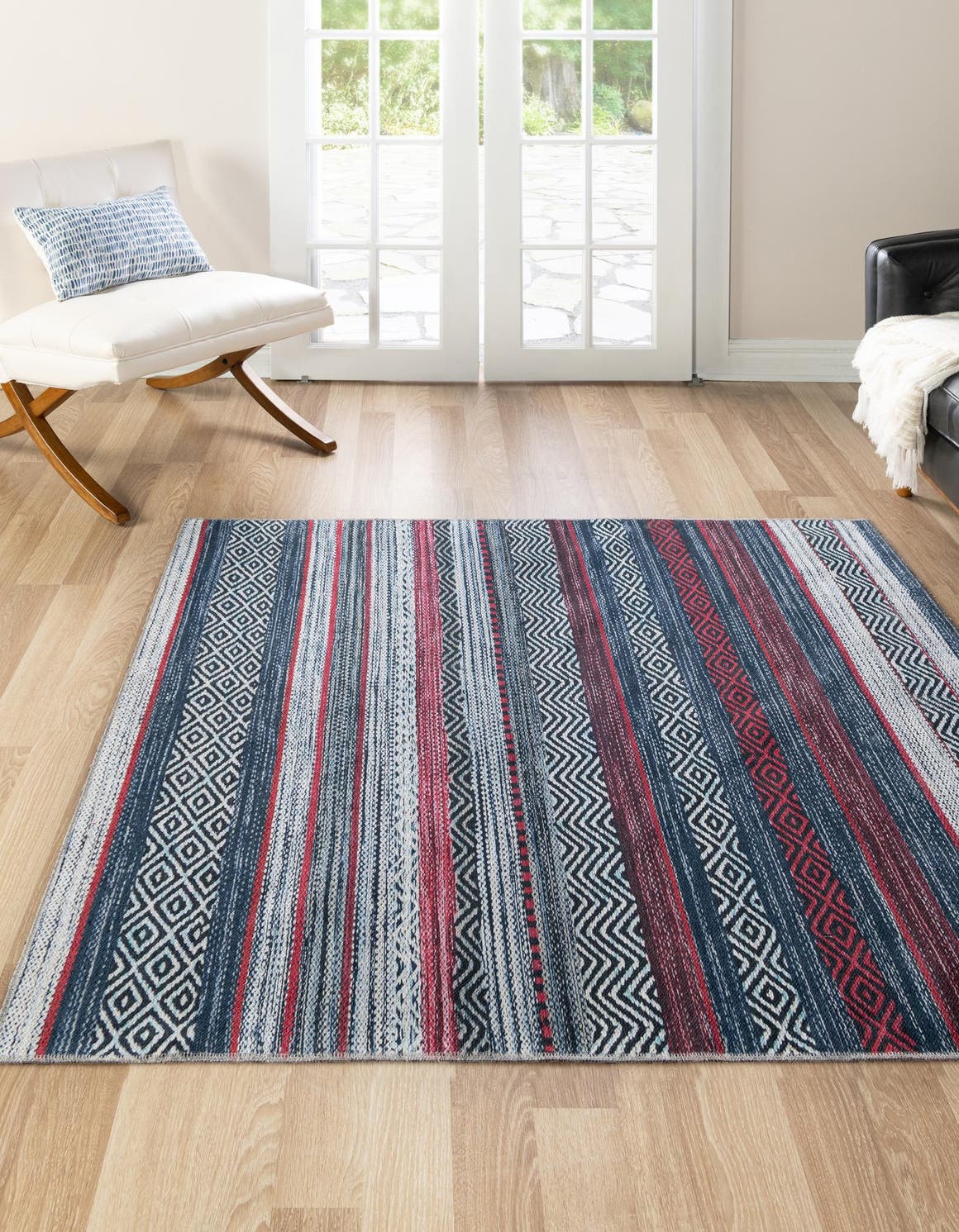 Washable Navy Blue 7' 10 x 7' 10 Yara Square Area Rug Easy to Clean Stain Resistant & Durable Polyester & Chenille Carpet for Sale at Rug Engine