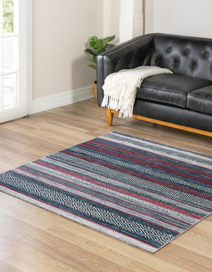 Washable Navy Blue 7' 10 x 7' 10 Yara Square Area Rug Easy to Clean Stain Resistant & Durable Polyester & Chenille Carpet for Sale at Rug Engine