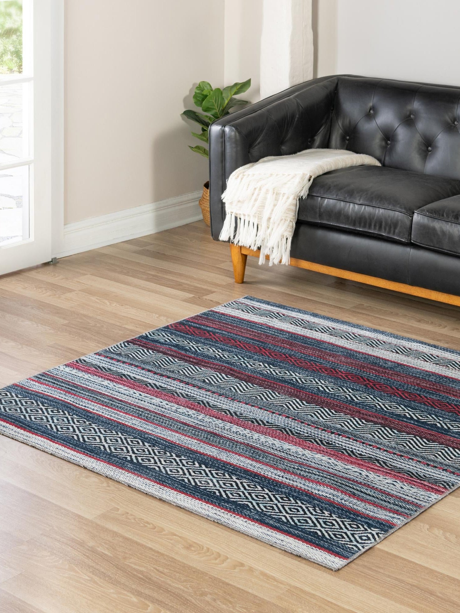 Washable Navy Blue 5' x 5' Yara Square Area Rug Easy to Clean Stain Resistant & Durable Polyester & Chenille Carpet for Sale at Rug Engine