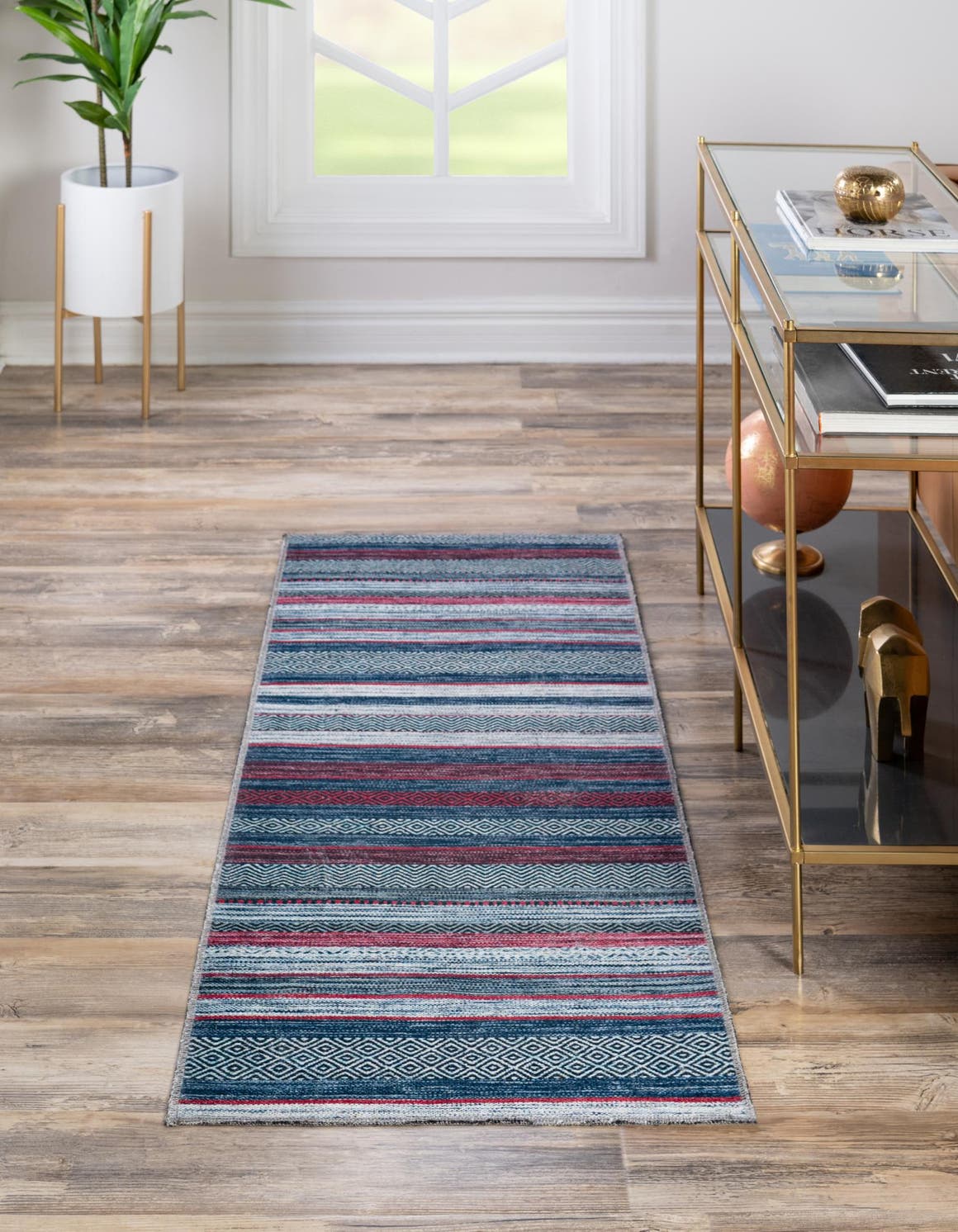 Washable Navy Blue 2' x 5' Yara Runner Area Rug Easy to Clean Stain Resistant & Durable Polyester & Chenille Carpet for Sale at Rug Engine