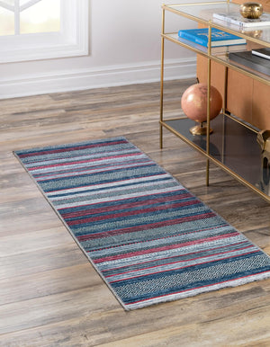 Washable Navy Blue 2' 7 x 10' Yara Runner Area Rug Easy to Clean Stain Resistant & Durable Polyester & Chenille Carpet for Sale at Rug Engine