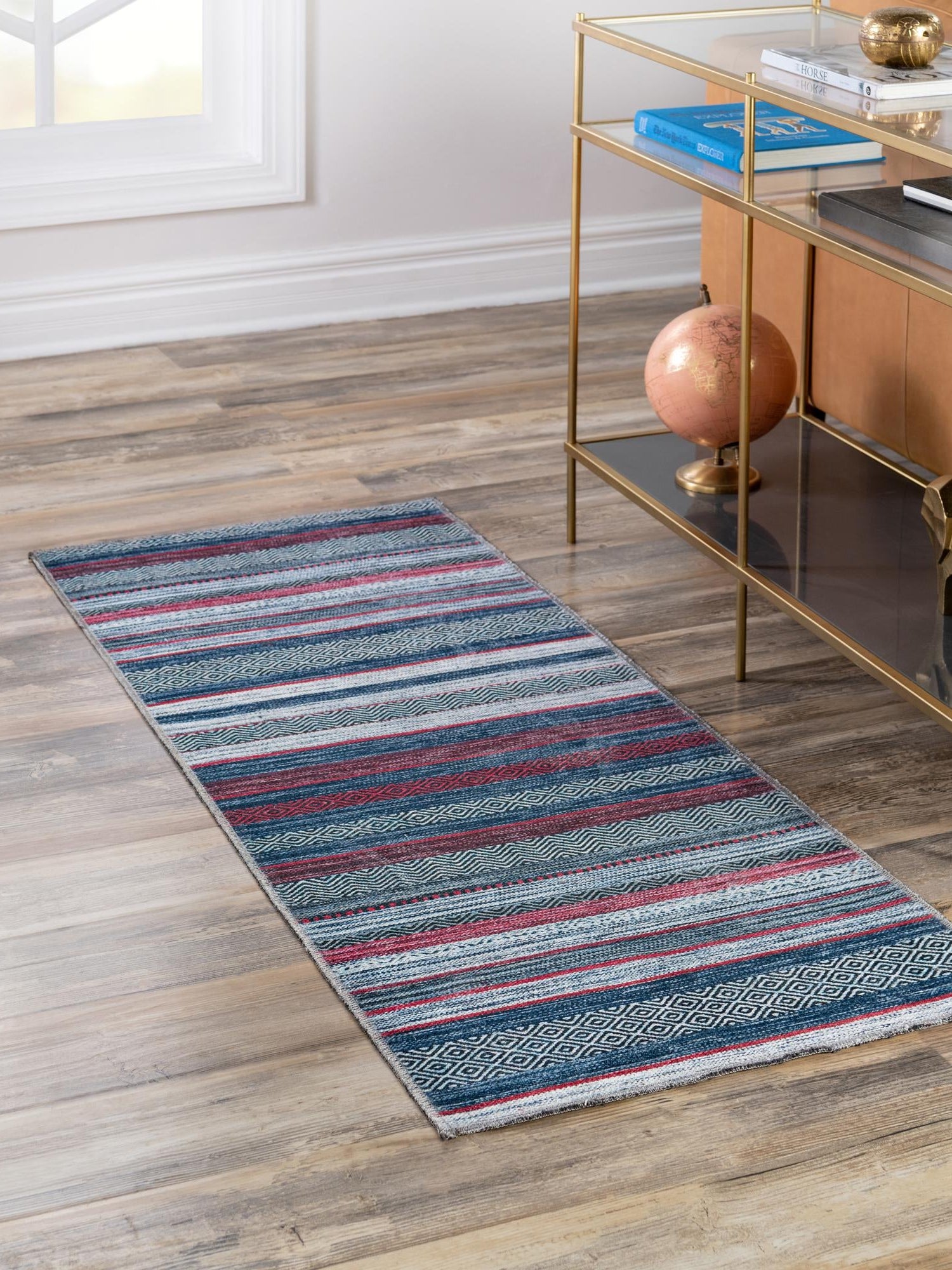 Washable Navy Blue 2' x 5' Yara Runner Area Rug Easy to Clean Stain Resistant & Durable Polyester & Chenille Carpet for Sale at Rug Engine