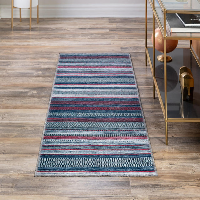 Washable Navy Blue 2' 7 x 10' Yara Runner Area Rug Easy to Clean Stain Resistant & Durable Polyester & Chenille Carpet for Sale at Rug Engine