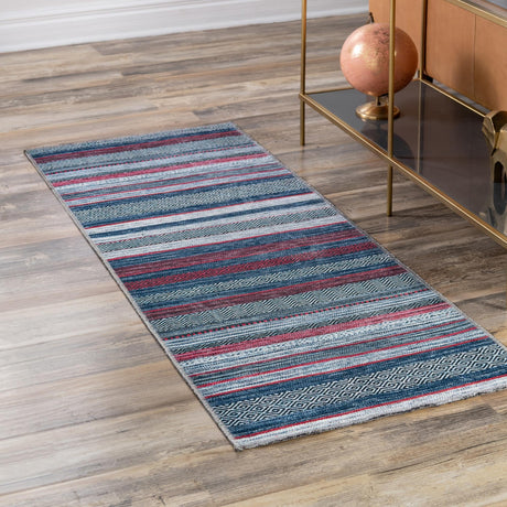 Washable Navy Blue 2' 7 x 10' Yara Runner Area Rug Easy to Clean Stain Resistant & Durable Polyester & Chenille Carpet for Sale at Rug Engine