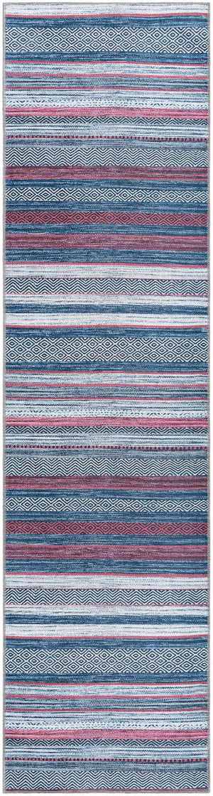 Washable Navy Blue 2' 7 x 10' Yara Runner Area Rug Easy to Clean Stain Resistant & Durable Polyester & Chenille Carpet for Sale at Rug Engine