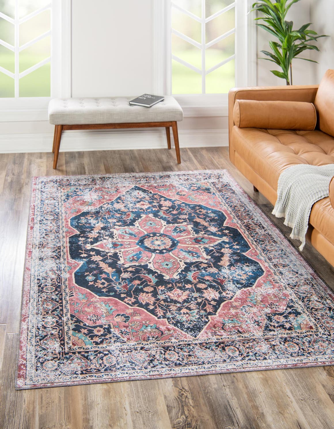 Washable Navy Blue 5' x 8' Yara Rectangle Area Rug Easy to Clean Stain Resistant & Durable Polyester & Chenille Carpet for Sale at Rug Engine