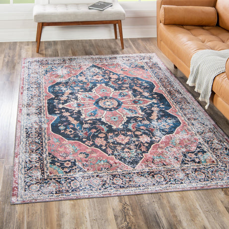 Washable Navy Blue 5' x 8' Yara Rectangle Area Rug Easy to Clean Stain Resistant & Durable Polyester & Chenille Carpet for Sale at Rug Engine