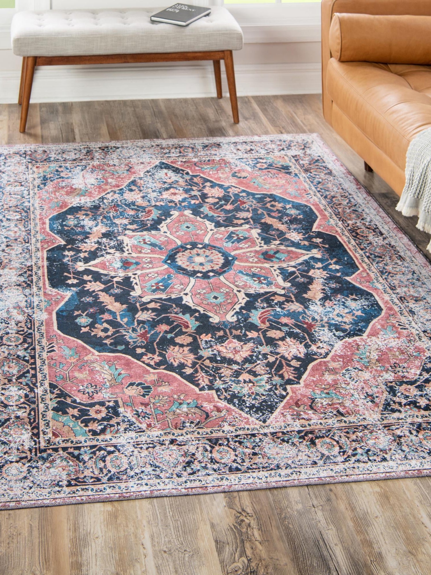 Washable Navy Blue 2' x 3' Yara Rectangle Area Rug Easy to Clean Stain Resistant & Durable Polyester & Chenille Carpet for Sale at Rug Engine